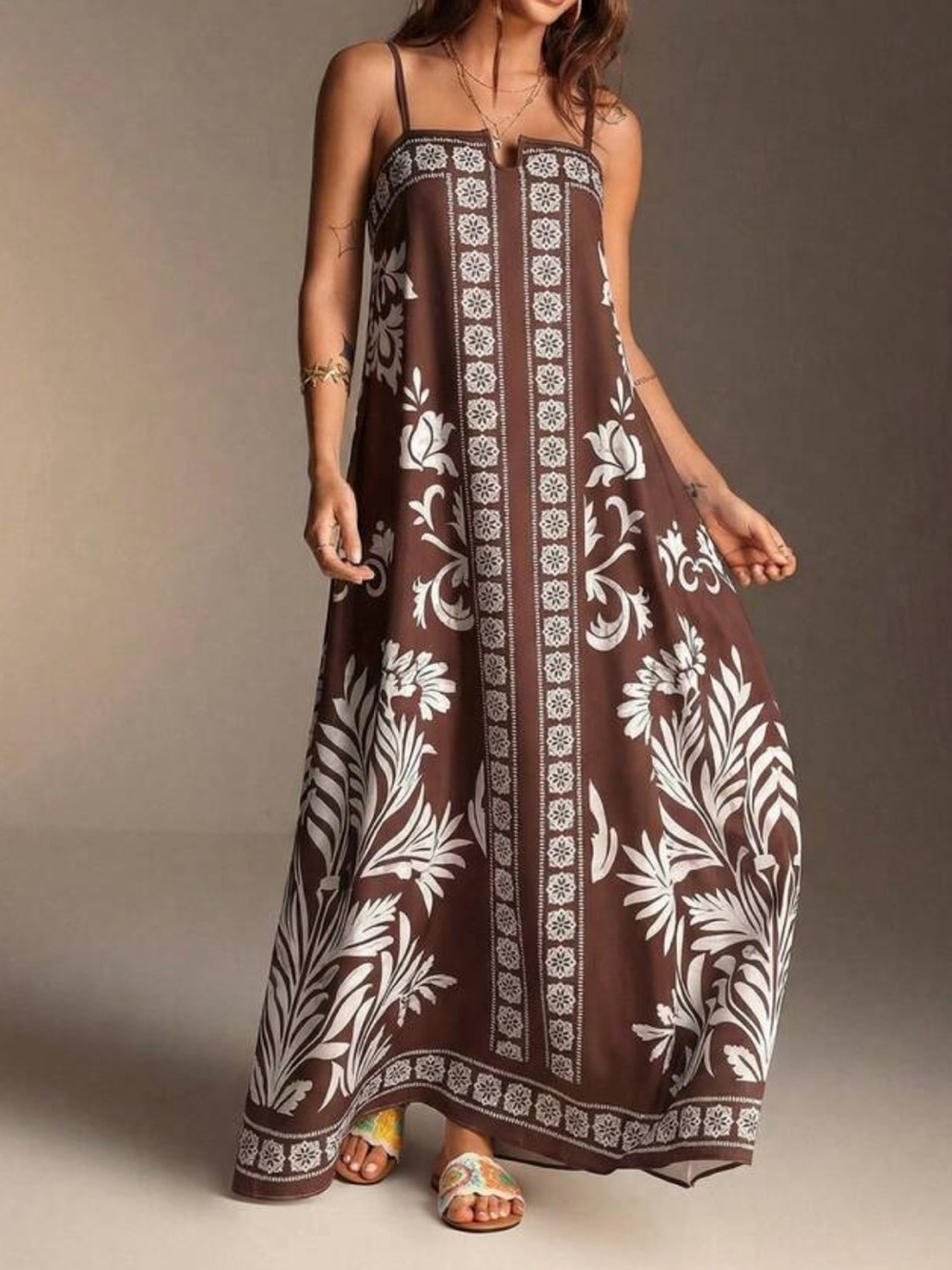 SHEIN Brown Maxi Dress with White Floral Border Print